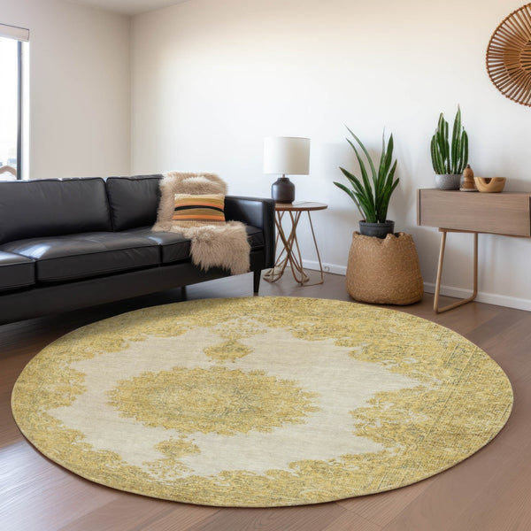 HomeRoots 8' Gold Ivory and Gray Oriental Washable Round Rug - UV Protection, Stain Resistant for Busy Homes 678895
