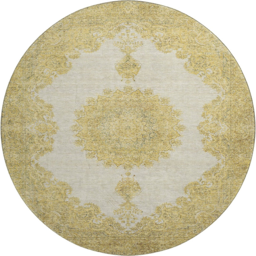 HomeRoots 8' Gold Ivory and Gray Oriental Washable Round Rug - UV Protection, Stain Resistant for Busy Homes 678895