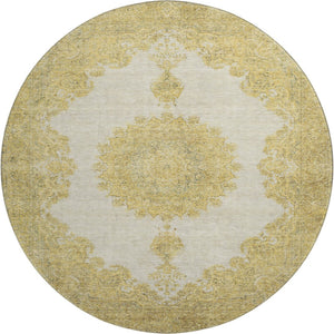 HomeRoots 8' Gold Ivory and Gray Oriental Washable Round Rug - UV Protection, Stain Resistant for Busy Homes 678895