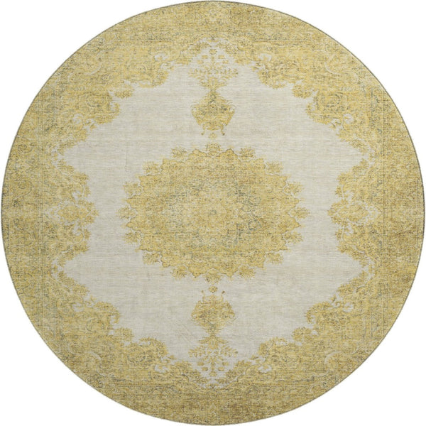HomeRoots 8' Gold Ivory and Gray Oriental Washable Round Rug - UV Protection, Stain Resistant for Busy Homes 678895