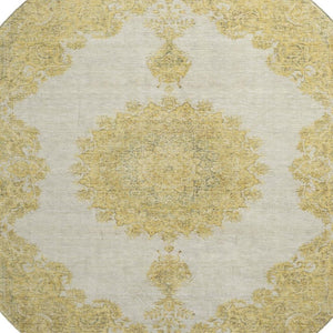 HomeRoots 8' Gold Ivory and Gray Oriental Washable Round Rug - UV Protection, Stain Resistant for Busy Homes 678895