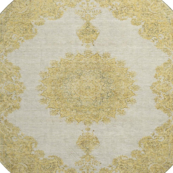 HomeRoots 8' Gold Ivory and Gray Oriental Washable Round Rug - UV Protection, Stain Resistant for Busy Homes 678895