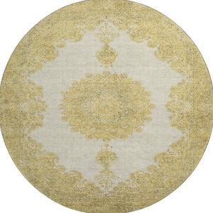 HomeRoots 8' Gold Ivory and Gray Oriental Washable Round Rug - UV Protection, Stain Resistant for Busy Homes 678895