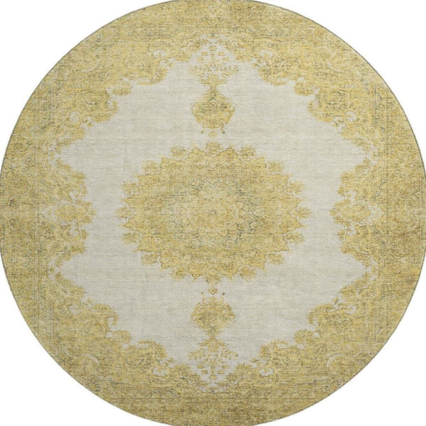 HomeRoots 8' Gold Ivory and Gray Oriental Washable Round Rug - UV Protection, Stain Resistant for Busy Homes 678895