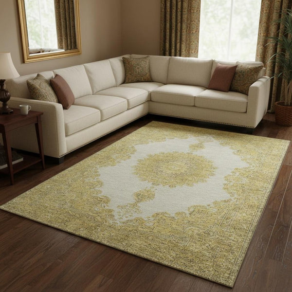 HomeRoots 8' X 10' Gold Ivory Gray Oriental Washable Area Rug with Stain Resistance & UV Protection Features 678896