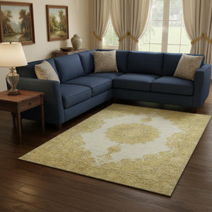 HomeRoots 9' X 12' Elegant Gold Ivory Gray Oriental Area Rug - Washable, Stain-Resistant, UV Protected Style! 678897