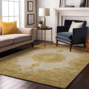 HomeRoots 9' X 12' Elegant Gold Ivory Gray Oriental Area Rug - Washable, Stain-Resistant, UV Protected Style! 678897