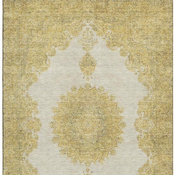 HomeRoots 9' X 12' Elegant Gold Ivory Gray Oriental Area Rug - Washable, Stain-Resistant, UV Protected Style! 678897