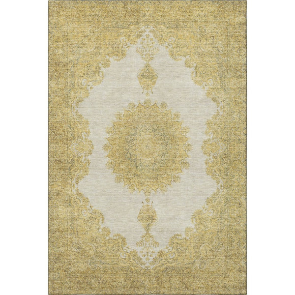 HomeRoots 9' X 12' Elegant Gold Ivory Gray Oriental Area Rug - Washable, Stain-Resistant, UV Protected Style! 678897