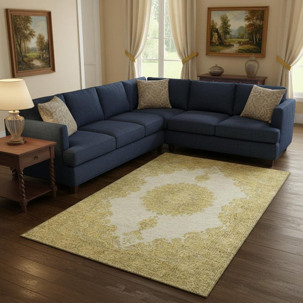 HomeRoots 10' X 14' Gold Ivory & Gray Oriental Washable Area Rug - Stylish, Durable, & UV Protected for Homes 678898