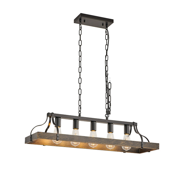 English Elm 34-Inch Industrial Pendant Light with 5 E26 Sockets, Adjustable Chain, Iron Linear Chandelier for Kitchen Black+Gold W2312P374833