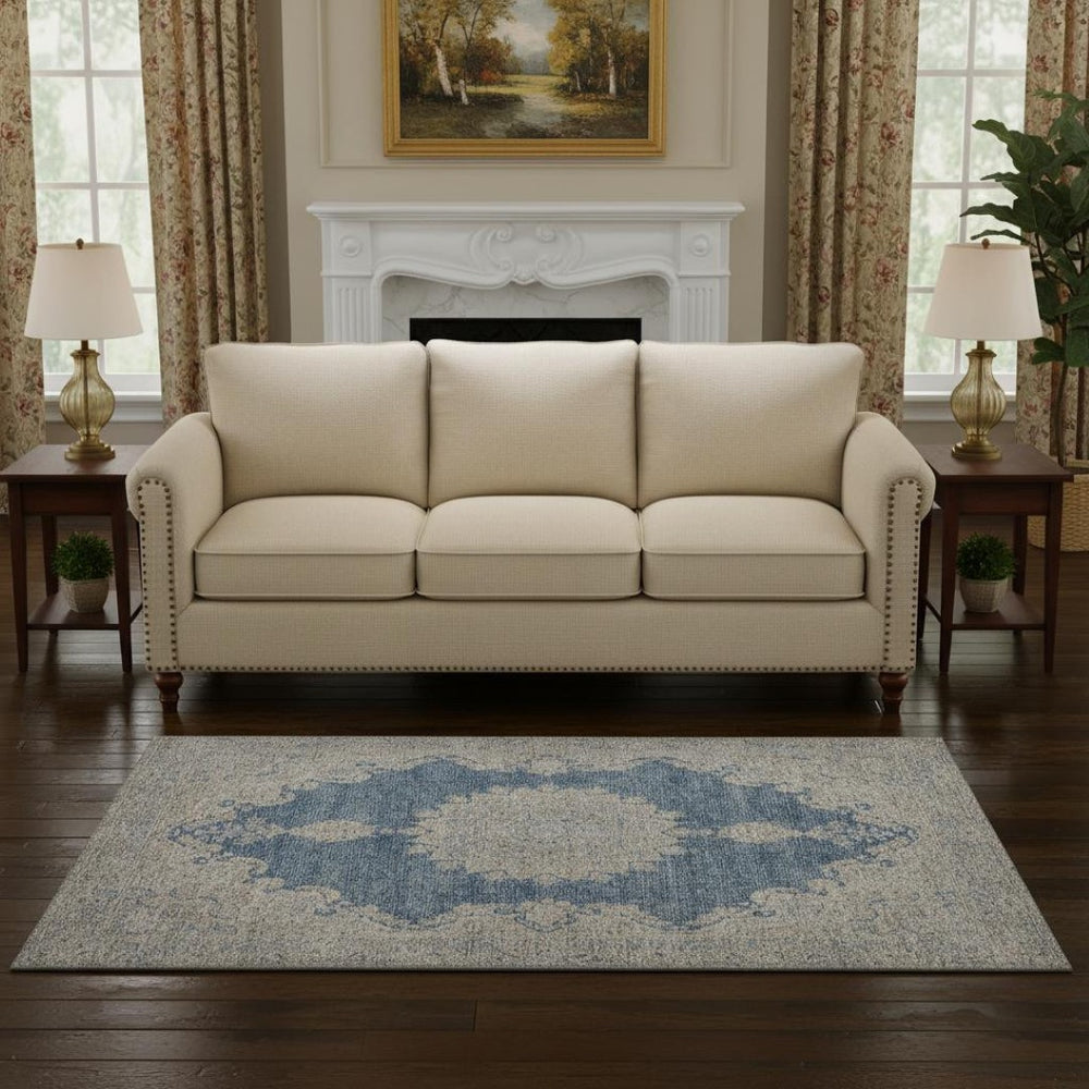 HomeRoots 5' X 8' Washable Navy Blue, Gray & Ivory Oriental Area Rug with UV Protection for Busy Homes 678900