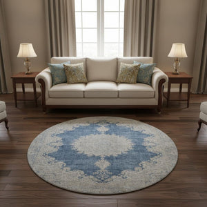 HomeRoots 8' Navy Blue Gray and Ivory Oriental Washable Round Rug – UV Protected, Stain-Resistant, Durable Design 678901