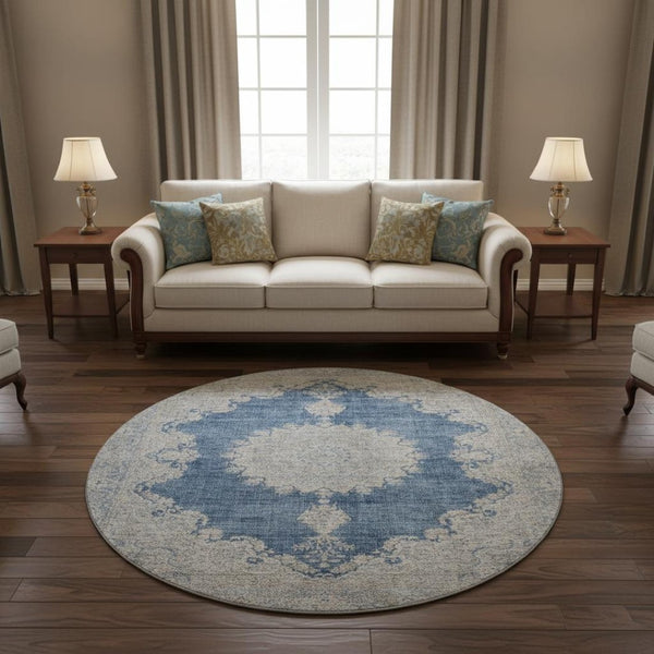 HomeRoots 8' Navy Blue Gray and Ivory Oriental Washable Round Rug – UV Protected, Stain-Resistant, Durable Design 678901