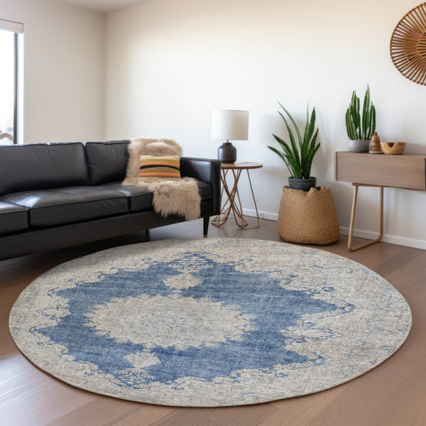 HomeRoots 8' Navy Blue Gray and Ivory Oriental Washable Round Rug – UV Protected, Stain-Resistant, Durable Design 678901