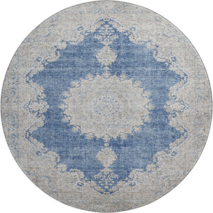 HomeRoots 8' Navy Blue Gray and Ivory Oriental Washable Round Rug – UV Protected, Stain-Resistant, Durable Design 678901