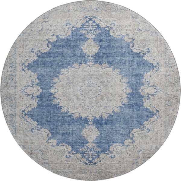 HomeRoots 8' Navy Blue Gray and Ivory Oriental Washable Round Rug – UV Protected, Stain-Resistant, Durable Design 678901