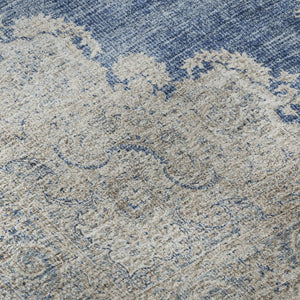 HomeRoots 8' Navy Blue Gray and Ivory Oriental Washable Round Rug – UV Protected, Stain-Resistant, Durable Design 678901