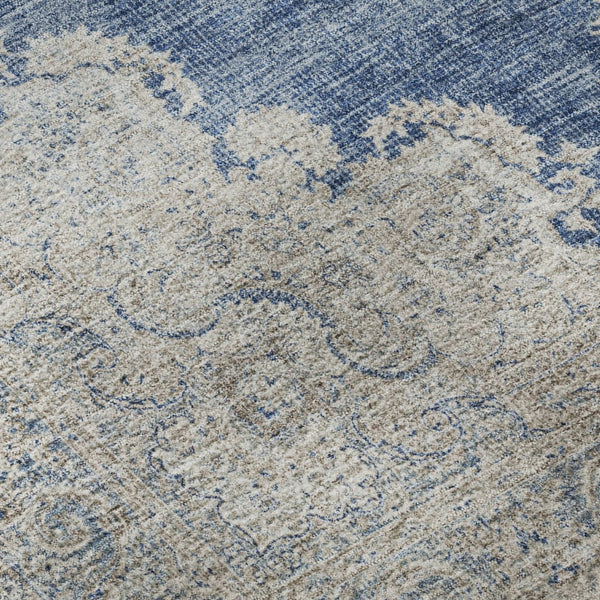HomeRoots 8' Navy Blue Gray and Ivory Oriental Washable Round Rug – UV Protected, Stain-Resistant, Durable Design 678901