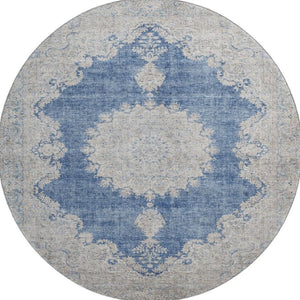 HomeRoots 8' Navy Blue Gray and Ivory Oriental Washable Round Rug – UV Protected, Stain-Resistant, Durable Design 678901