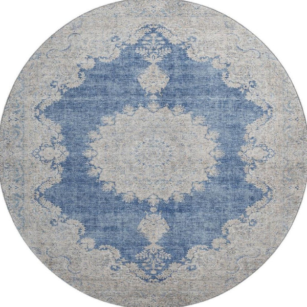 HomeRoots 8' Navy Blue Gray and Ivory Oriental Washable Round Rug – UV Protected, Stain-Resistant, Durable Design 678901