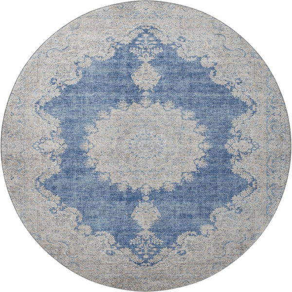 HomeRoots 8' Navy Blue Gray and Ivory Oriental Washable Round Rug – UV Protected, Stain-Resistant, Durable Design 678901