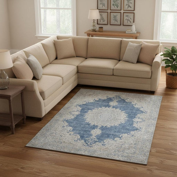 HomeRoots 8' X 10' Washable Navy Blue, Gray & Ivory Oriental Area Rug with UV Protection for High-Traffic Spaces 678902