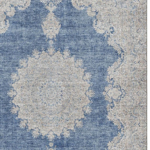 HomeRoots 8' X 10' Washable Navy Blue, Gray & Ivory Oriental Area Rug with UV Protection for High-Traffic Spaces 678902
