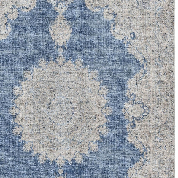 HomeRoots 8' X 10' Washable Navy Blue, Gray & Ivory Oriental Area Rug with UV Protection for High-Traffic Spaces 678902