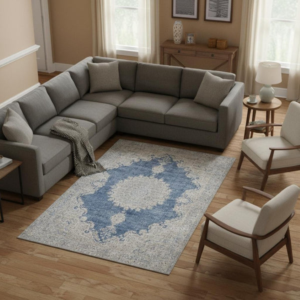 HomeRoots 9' Navy Blue, Gray & Ivory Oriental Washable Area Rug - Durable, Stain-Resistant & UV Protected! 678903