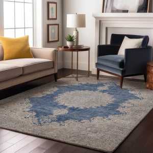 HomeRoots 9' Navy Blue, Gray & Ivory Oriental Washable Area Rug - Durable, Stain-Resistant & UV Protected! 678903