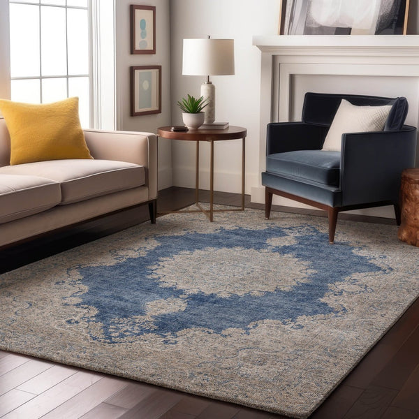HomeRoots 9' Navy Blue, Gray & Ivory Oriental Washable Area Rug - Durable, Stain-Resistant & UV Protected! 678903
