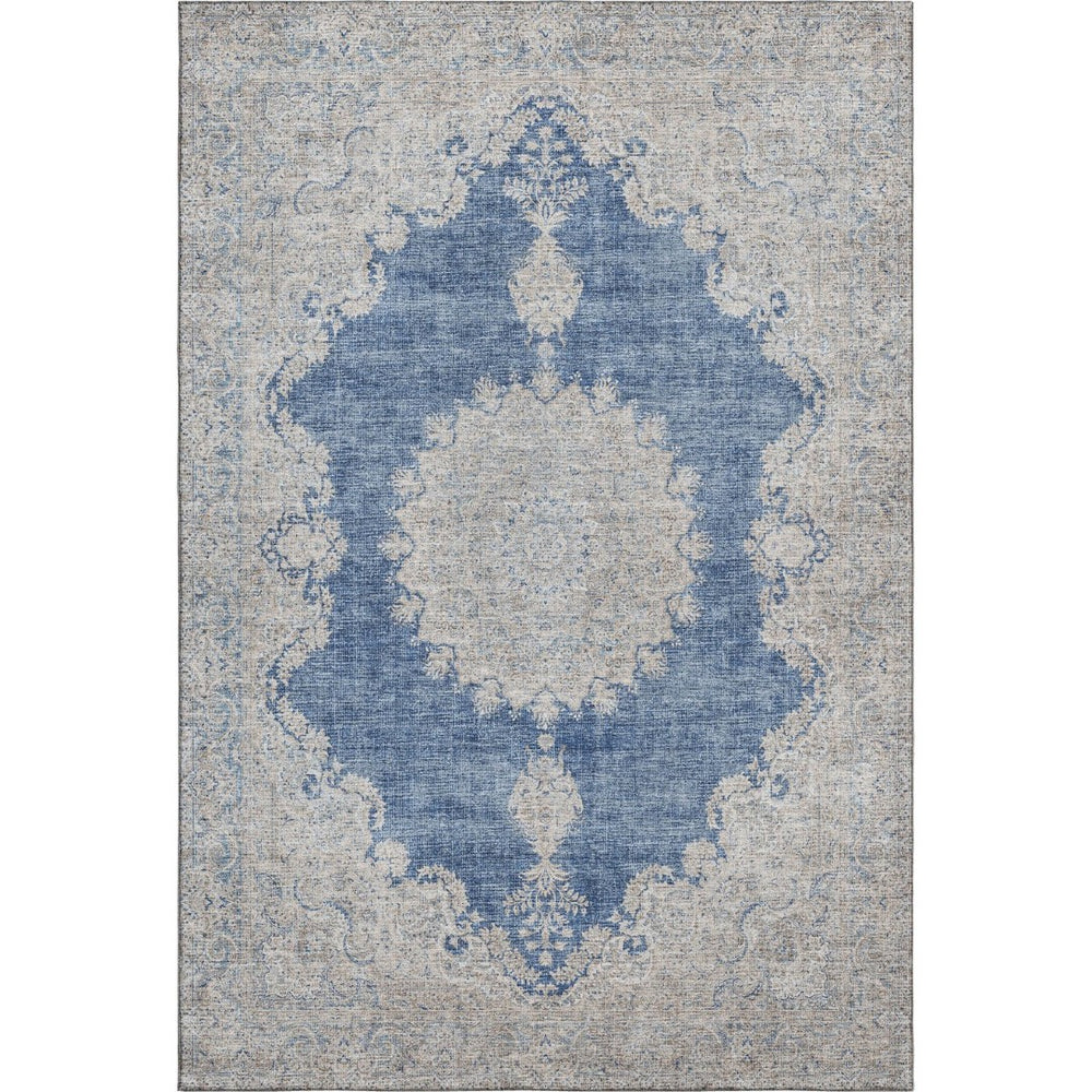 HomeRoots 9' Navy Blue, Gray & Ivory Oriental Washable Area Rug - Durable, Stain-Resistant & UV Protected! 678903