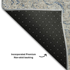 HomeRoots 9' Navy Blue, Gray & Ivory Oriental Washable Area Rug - Durable, Stain-Resistant & UV Protected! 678903