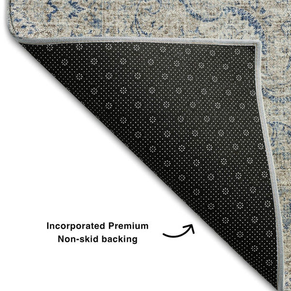 HomeRoots 9' Navy Blue, Gray & Ivory Oriental Washable Area Rug - Durable, Stain-Resistant & UV Protected! 678903