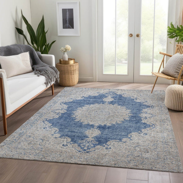 HomeRoots 9' Navy Blue, Gray & Ivory Oriental Washable Area Rug - Durable, Stain-Resistant & UV Protected! 678903