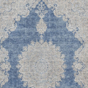 HomeRoots 9' Navy Blue, Gray & Ivory Oriental Washable Area Rug - Durable, Stain-Resistant & UV Protected! 678903