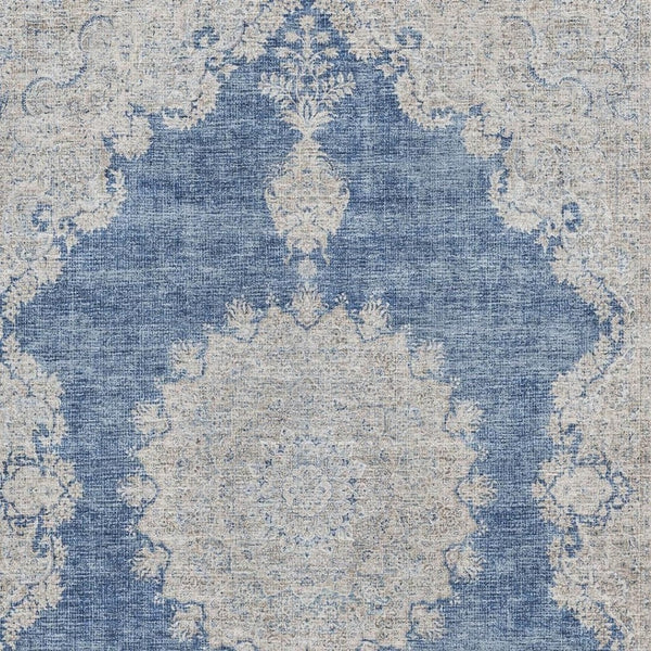 HomeRoots 9' Navy Blue, Gray & Ivory Oriental Washable Area Rug - Durable, Stain-Resistant & UV Protected! 678903