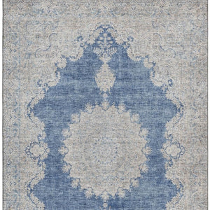HomeRoots 9' Navy Blue, Gray & Ivory Oriental Washable Area Rug - Durable, Stain-Resistant & UV Protected! 678903