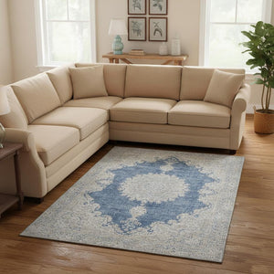 HomeRoots 10' X 14' Navy Blue Gray Ivory Oriental Area Rug - Washable, UV Protected & Pet-Friendly Design 678904