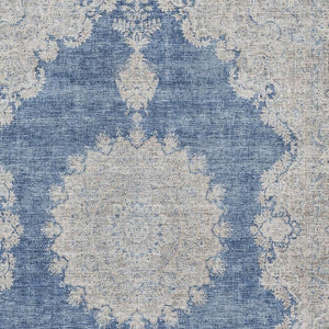 HomeRoots 10' X 14' Navy Blue Gray Ivory Oriental Area Rug - Washable, UV Protected & Pet-Friendly Design 678904