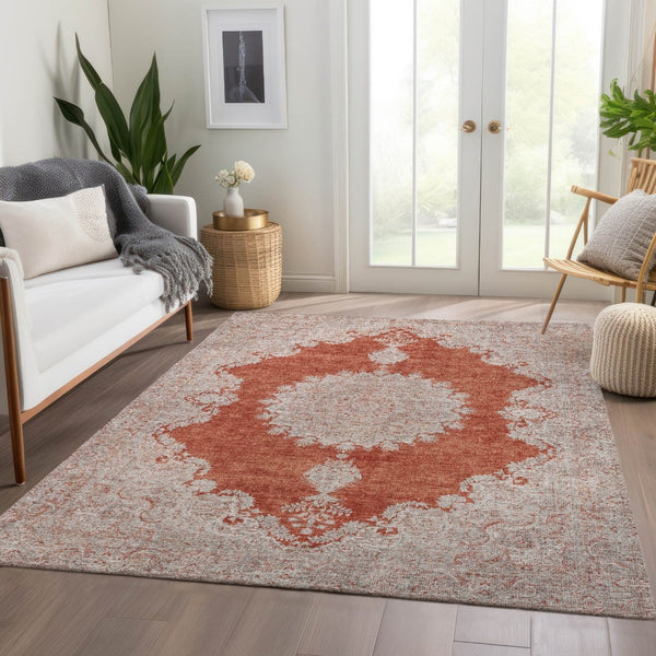 HomeRoots 5' X 8' Washable Rust and Beige Oriental Area Rug with UV Protection for High-Traffic Homes 678906