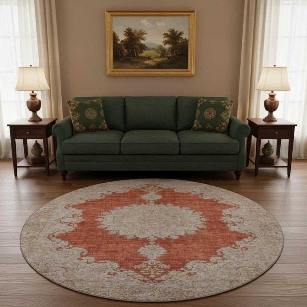 HomeRoots 8' Elegant Rust and Beige Oriental Washable Round Rug with UV Protection for Active Households 678907