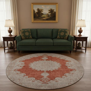 HomeRoots 8' Elegant Rust and Beige Oriental Washable Round Rug with UV Protection for Active Households 678907