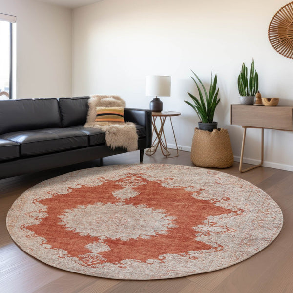 HomeRoots 8' Elegant Rust and Beige Oriental Washable Round Rug with UV Protection for Active Households 678907