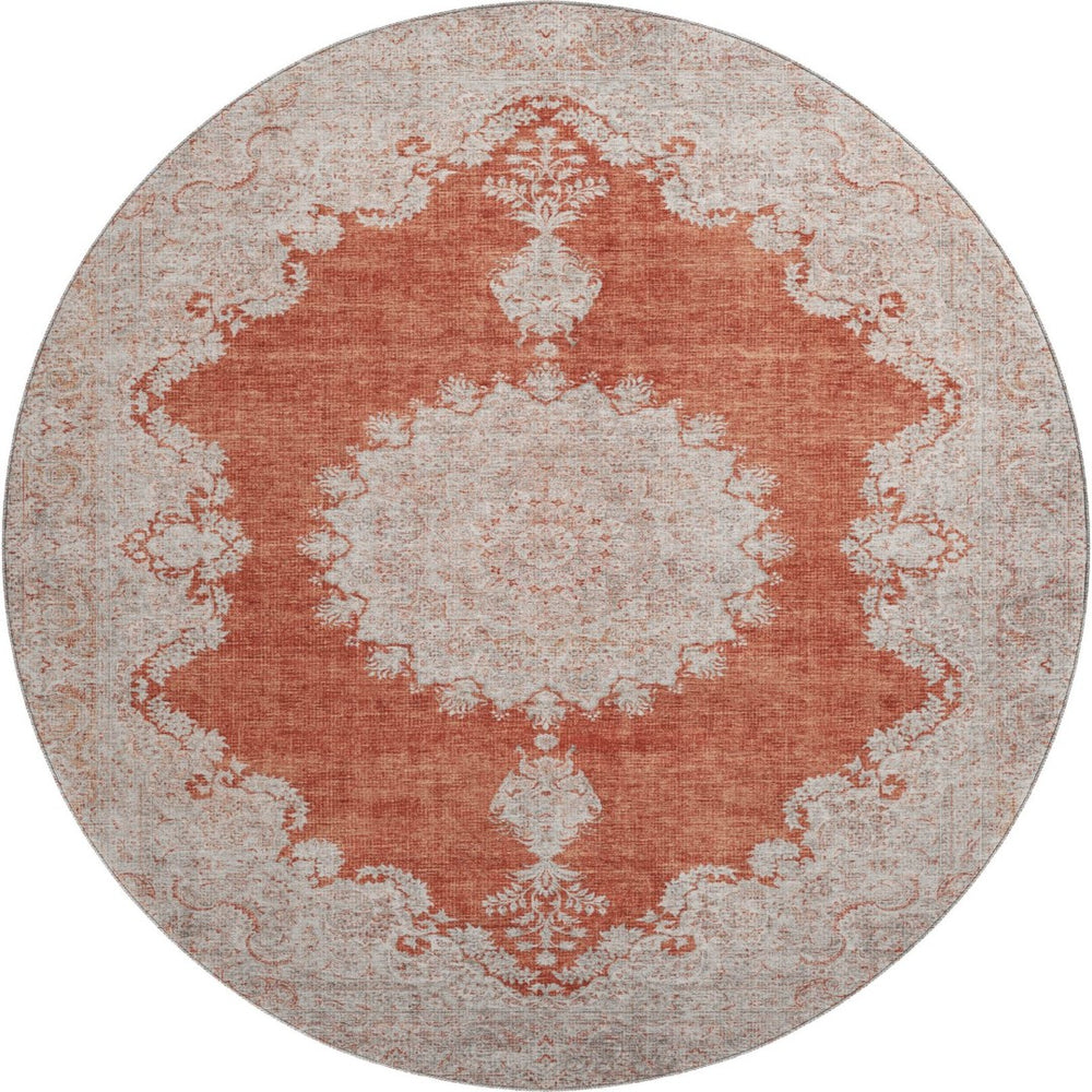 HomeRoots 8' Elegant Rust and Beige Oriental Washable Round Rug with UV Protection for Active Households 678907