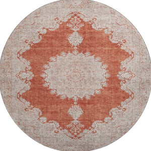 HomeRoots 8' Elegant Rust and Beige Oriental Washable Round Rug with UV Protection for Active Households 678907