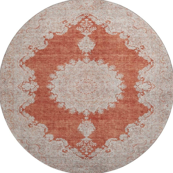 HomeRoots 8' Elegant Rust and Beige Oriental Washable Round Rug with UV Protection for Active Households 678907