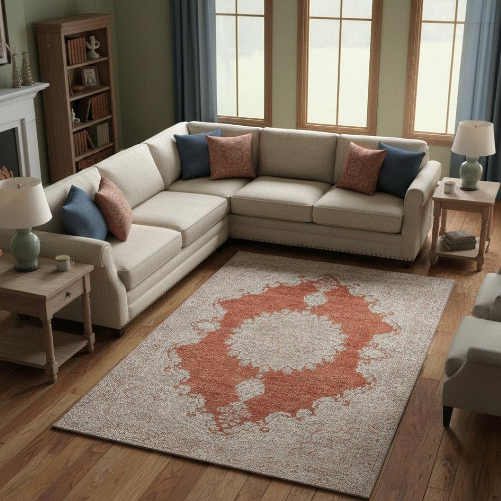 HomeRoots 8' X 10' Elegant Rust & Beige Oriental Area Rug - Washable, Stain-Resistant, UV Protected Beauty 678908