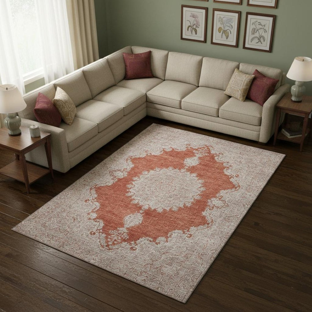 HomeRoots 9' X 12' Stylish Rust and Beige Oriental Washable Area Rug with UV Protection for High-Traffic Spaces 678909